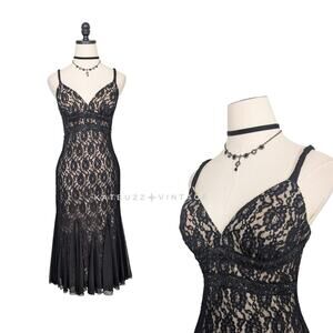 Vintage Betsy Adam Lace Prom Dress Midi Gown 8 Black Y2K Fairy Goth Babydoll